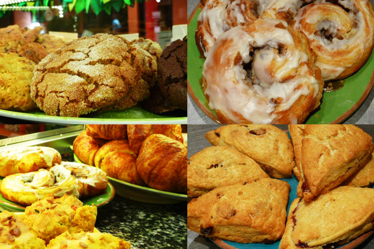 Fresh-baked pastries — cookies, cinnamon rolls, croissants, and scones